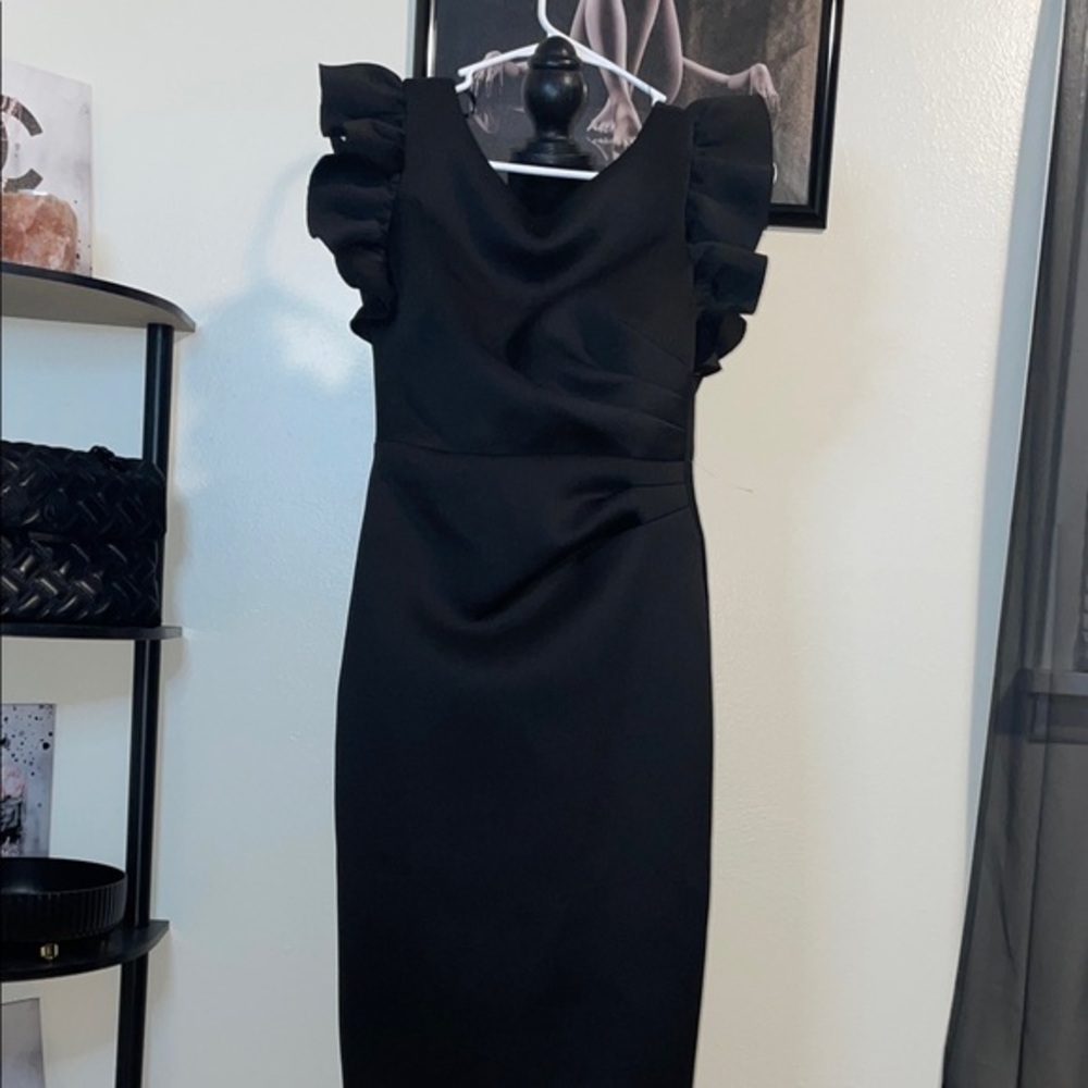 Eliza J Elegant Black Midi Dress with Ruffle Detail